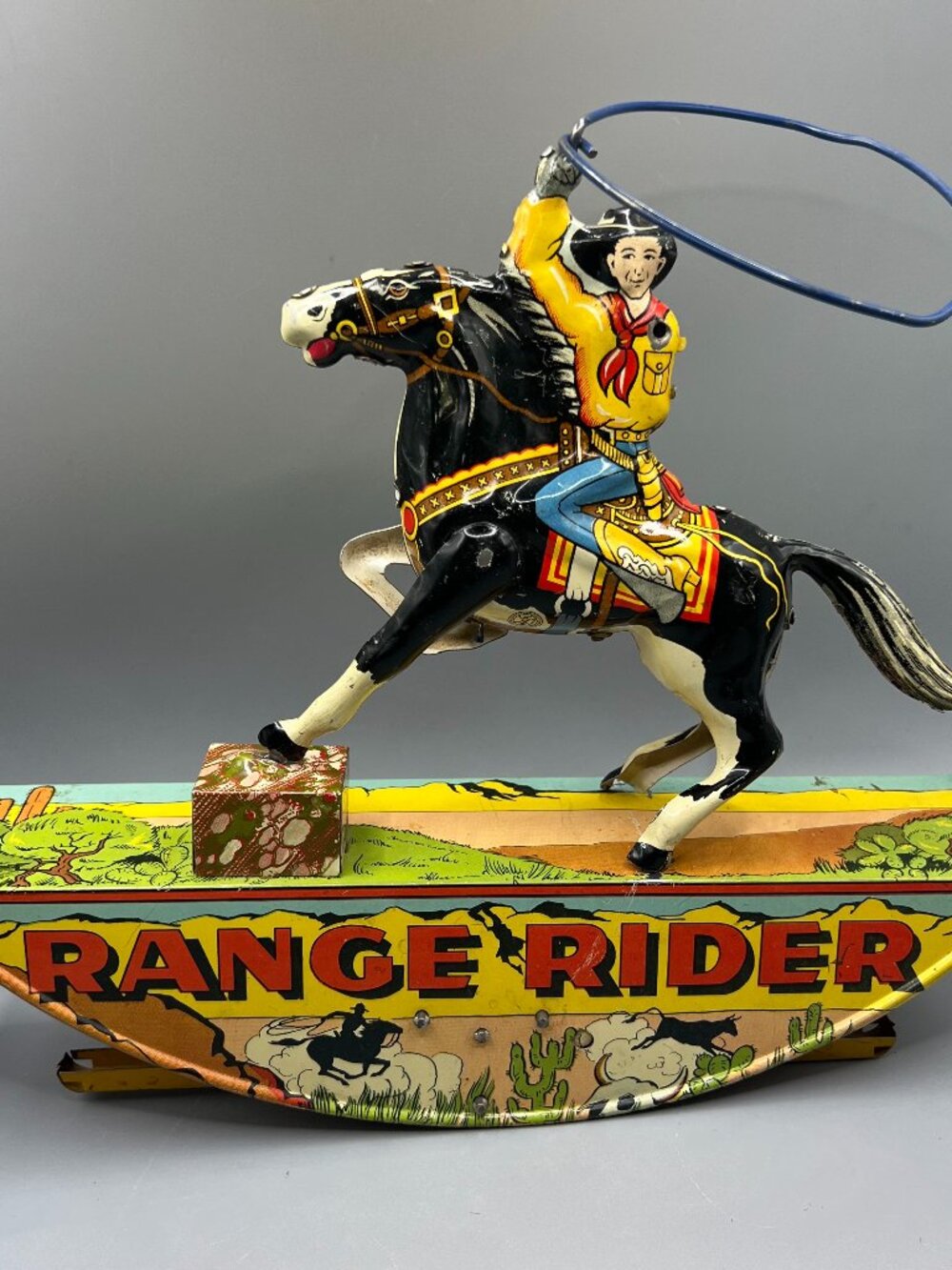 MARX TIN LITHO RANGE RIDER COWBOY WIND TOY LOUIS MARX A5B (NO ARM Does not work)